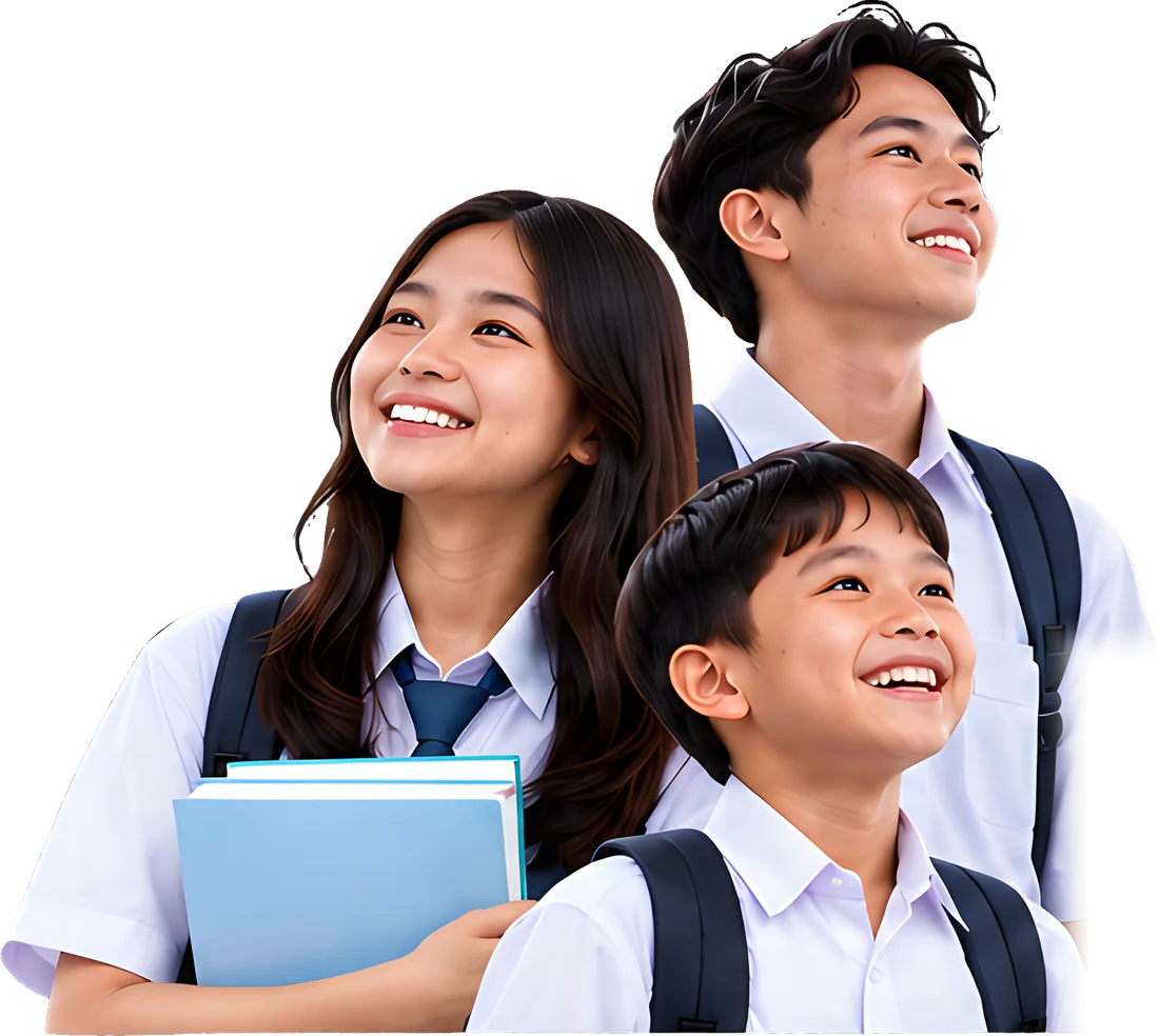 Tiga siswa Pintar Academy tersenyum menatap masa depan